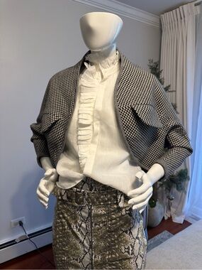 Yohji Yamamoto Black & White Houndstooth Cropped Cape Jacket